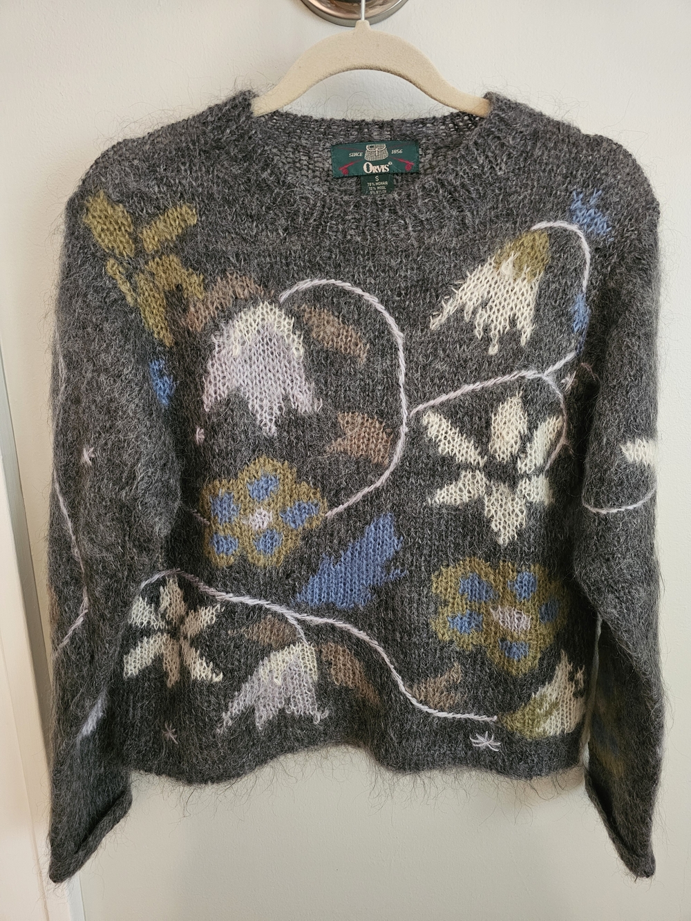 EUC Vintage Orvis Mohair Blend Intarsia Floral Knit Pullover Sweater Gray Small